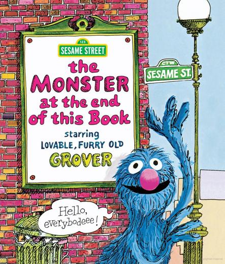 Grover on the cover of Theres a Monster at the End of This Book. Grover is holding onto a green street lamp saying Hello everybodeeee!
