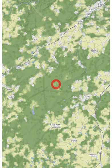 Map of the location of the observation: Pěchotní srub Ce Jordán, 262 21 Brdy-Obecnice, Česko, (latitude: 49.73, longitude: 13.87).