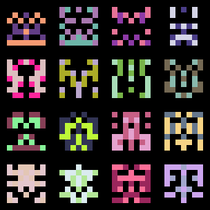a 4x4 grid of multicolored 7x7 pixel aliens a la space invaders