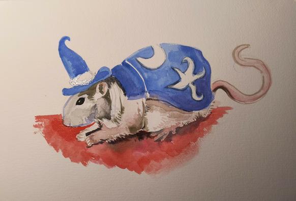 a watercolor painting of a pink and gray rat wearing a blue wizard hat and cape