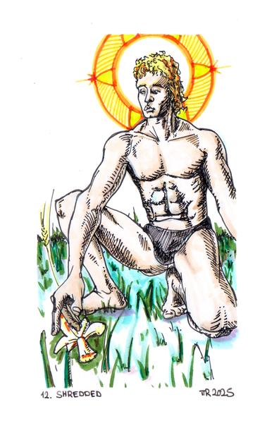Drawing of very fit Narcissus picking a narcissus flower.