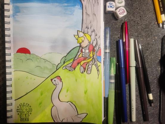 A vibrantly coloured drawing of a male anthropomorphic cat sitting leaning against a tree and sleeping. Next to the person are a bow, a quiver and a shield as well as a scabbard. A large chicken-like bird stands nearby and looks at the sun rising at the horizon.