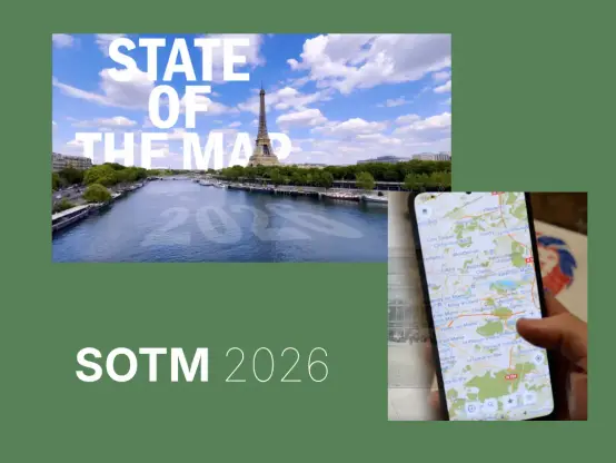 Picture of Paris with river with text 2026. Picture of CoMaps being used on a phone. Text SOTM 2026