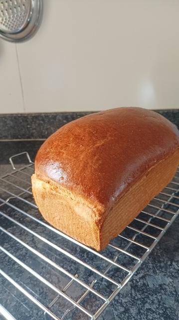 A large, freshly baked loaf, with a domed shiny brown top, resting and cooling off on a silver wire rack.