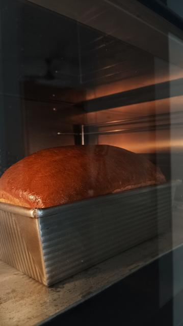 Side view of the silver tin and the shiny, golden brown top of the bread loaf that's about to come out of the oven.