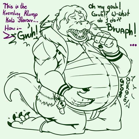Noel it is the next ones in arriving at the Lab to help Lucky with their Testing of Donkey Kong Themed Drinks and this time was turn to try one inspired on Klump. Upon drinking it, his body started to cover on scales while his snout, paws and tail started to take a more Reptilian shape. While his body grew to enormous proportion his stomach bulged with an a lot of Gas and Fizzyness that caused him to start to erupt and belch uncontrolable in exasperation! It was so much the pressure builded he got anxious! Lucky does need to tone down a bit the quick growing on this one, it seems...
