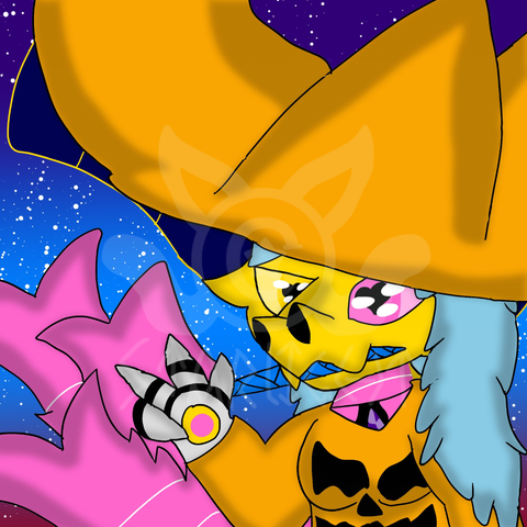 Draekonic Rose in a pumpkin witch outfit giving a peace sign while holding a wand in her mouth.