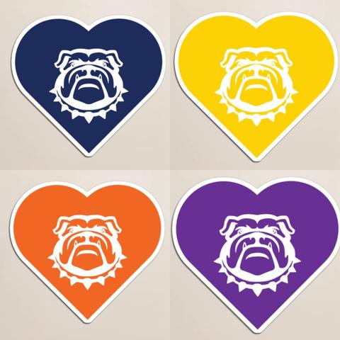 Our bulldog mascot is shown in different colors.