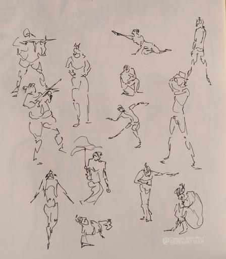 Black Fineliner on paper 

Various sketches of people