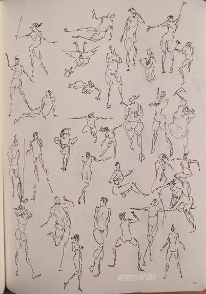 Black Fineliner on paper 

Various sketches of people