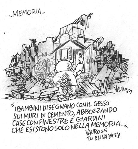 Nel disegno, Handala disegna con un gesso dei paesaggi sulle macerie di Gaza.
Sotto, una frase che recita: "I bambini disegnano con il gesso sui muri di cemento, abbozzando case con finestre e giardini che esistono solo nella memoria..."

In basso, una dedica: Vauro 25 to Elina Yazji.