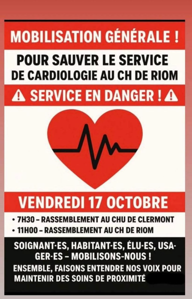 Affiche qui reprend tout le texte du message, avec un coeur rouge au milieu avec dedans un signal éléctrique type cardiologie