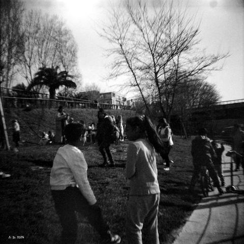 Dunkles Schwarzweißfoto, das Kinder und auch ein paar Erwachsene in einem Park zeigt. Rechts ein Gehweg, links Wiese. Am Horizont kahle Bäume, eine Brücke und Gebäude. Spielzeugkamera Diana F+ auf Lady Grey-Film.