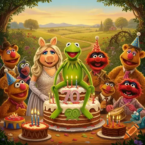 Die Muppets feiern Kermits Geburtstag.
Eine Gruppe von Puppen posiert für ein Porträt in einem Garten. Im Vordergrund sitzt eine grüne Puppe auf einem mehrstöckigen Geburtstagskuchen mit der Aufschrift „70“ in roter Schrift. Auf beiden Seiten des Kuchens stehen weitere Puppen und posieren für das Porträt. Alle Puppen tragen Partyhüte und einige halten Musikinstrumente. Der Hintergrund ist ein Garten mit Rasen und Bäumen und einem Gebäude in der Ferne.