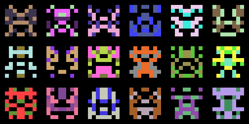 a 6x3 grid of multicolored 8x8 pixel aliens a la space invaders