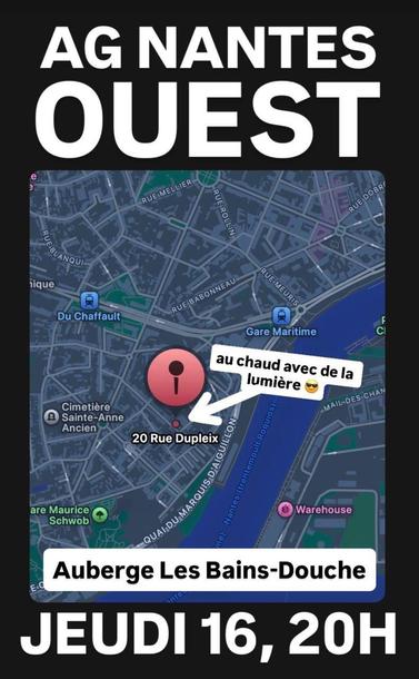 Affiche pour l'AG Nantes Ouest pour la suite du 10 septembre, montrant l'adresse du prochain lieu de rendez-vous à l'Auberge Les Bains-Douche, jeudi 16 octobre à 20h.