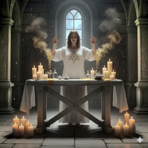 generata AI maga che esegue un rituale dietro a un altare