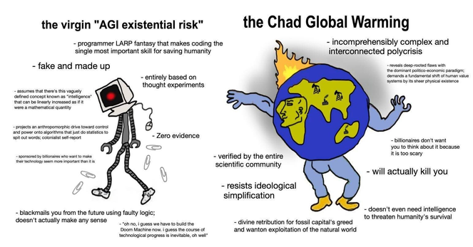 Virgin vs chad meme format

the virgin "AGI existential risk"
a thin figure with a computer for a head, mouse hanging, paperclips falling.

text:
-programmer LARP fantasy that makes coding the single most important skill for saving humanity
-fake and made up
-entirely based on thought experiments
-Zero evidence
-assumes that there's this vaguely defined concept known as "intelligence" that can be linearly increased as if it were a mathematical quantity
-projects a anthropomorphic drive toward control and power onto algorithms that just do statistics to spit out words; colonialist self-report.
-sponsored by billionaires who want to make their technology seem more important than it is.
-blackmails you from the future using faulty logic; doesn't actually make any sense.
-"oh no, i guess we have to build the Doom Machine now. i guess the course of technological progress is inevitable, oh well"

the Chad Global warming
Muscly burning earth
-incomprehensibly complex and interconnected polycrisis
-reveals deep-rooted flaws with the dominant politic-economic paradigm; demands a fundamental shift of human value systems by its sheer physical existence.
-verified by the entire scientific community
-resists ideological simplification
-billionaires don't want you to think about it because it is too scary.
-will actually kill you
-doesn't even need intelligence to threaten humanity's survival
-divine retribution for fossil capital's greed and wanton exploitatition of the natural world.