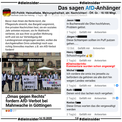 In der über 18.000 Mitglieder großen öffentlichen Gruppe "AfD-Politik: Heimatliebe, Meinungsfreiheit, aktuelle Nachrichten!" wird das Bild des HNA Berichts "„Omas gegen Rechts“ fordern AfD-Verbot bei Mahnwache in Göttingen" vom 08.10. am 11.10.2025 gepostet und dazu "Bevor man ihnen die Rente kürzt, die Pflegestufe streicht, (...) , wollen die durchgeknallten Omis unbedingt noch was richtig Sinnvolles machen: z.B. ein AfD-Verbot fordern!" geteilt.

Wir zeigen auf Slide 1 u.a. die Kommentare "In Buchenwald die Öfen hochfahren, Problem gelöst.", "Diese Schlampen sollten im Puff putzen gehen...", "Schussfreigabe. ☝️🤮", "Ich vordere die omis ins jenseits zu befördern da gehören sie alle dort hin wegen Landes verrades.", "Denen wird das lachen noch vergehen." und "Diese Omas warten das die vergewaltigt werden."

Die möglicherweise strafrechtlich relevanten Kommentare wurden schon angezeigt!