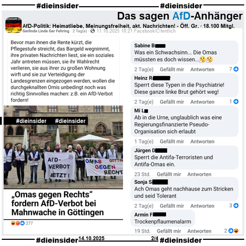 In der über 18.000 Mitglieder großen öffentlichen Gruppe "AfD-Politik: Heimatliebe, Meinungsfreiheit, aktuelle Nachrichten!" wird das Bild des HNA Berichts "„Omas gegen Rechts“ fordern AfD-Verbot bei Mahnwache in Göttingen" vom 08.10. am 11.10.2025 gepostet und dazu "Bevor man ihnen die Rente kürzt, die Pflegestufe streicht, (...) , wollen die durchgeknallten Omis unbedingt noch was richtig Sinnvolles machen: z.B. ein AfD-Verbot fordern!" geteilt.

Wir zeigen auf Slide 2 u.a. die Kommentare "Was ein Schwachsinn... Die Omas müssten es doch wissen... 🤔🤔", "Sperrt diese Typen in die Psychiatrie! Diese ganze linke Brut gehört weg!", "Ab in die Urne, unglaublich was eine Regierungsfinanzierte Pseudo- Organisation sich erlaubt.", "Sperrt die Antifa-Terroristen und Antifa-Omas ein.", "Ach Omas geht nachhause zum Stricken und seid Tolerant." und "Trockenpflaumenalarm."

Die möglicherweise strafrechtlich relevanten Kommentare wurden schon angezeigt!