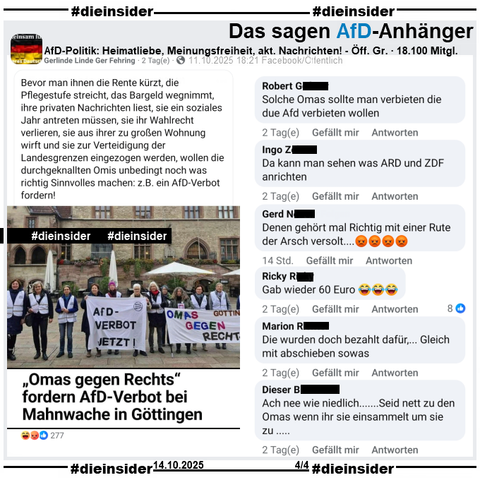 In der über 18.000 Mitglieder großen öffentlichen Gruppe "AfD-Politik: Heimatliebe, Meinungsfreiheit, aktuelle Nachrichten!" wird das Bild des HNA Berichts "„Omas gegen Rechts“ fordern AfD-Verbot bei Mahnwache in Göttingen" vom 08.10. am 11.10.2025 gepostet und dazu "Bevor man ihnen die Rente kürzt, die Pflegestufe streicht, (...) , wollen die durchgeknallten Omis unbedingt noch was richtig Sinnvolles machen: z.B. ein AfD-Verbot fordern!" geteilt.

Wir zeigen auf Slide 4 u.a. die Kommentare "Solche Omas sollte man verbieten die due Afd verbieten wollen.", "Da kann man sehen was ARD und ZDF anrichten.", "Denen gehört mal Richtig mit einer Rute der Arsch versolt... 😡😡😡😡", "Gab wieder 60 Euro. 😂😂😂", "Die wurden doch bezahlt dafür,... Gleich mit abschieben sowas." und "Ach nee wie niedlich... Seid nett zu den Omas wenn ihr sie einsammelt um sie zu..."

Die möglicherweise strafrechtlich relevanten Kommentare wurden schon angezeigt!