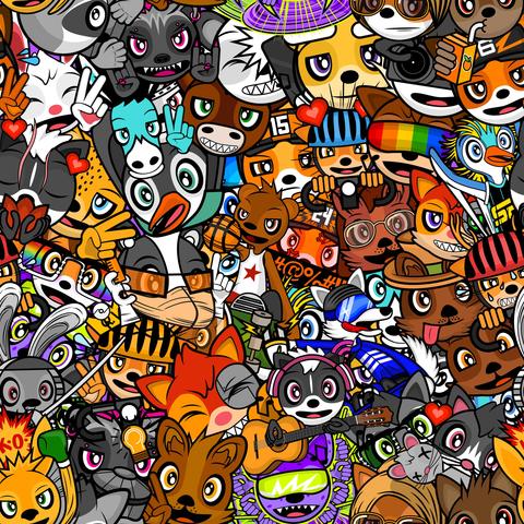 Collage of the excited cartoony faces of all 35 (so far) MOULE WORLD animal characters. They include:

Æmber, the doctor badger.
Amanda, the grey tuxedo cat.
Armstrong, the quokka.
Brook, the white Alaskan Malamute.
Catherine, the rose-gold quokka.
Cockburn, the yellow bear.
Count Chiroptera, the eccentric vampire bat.
Delgado, the bull.
Doris, the cheerful cyclist CCC deer with blue helmet.
Ecstatica, the raver reindeer.
Engarde, the martial artist jackrabbit.
Fred, the grumpy cyclist CCC deer with red helmet.
Geordie, the caramel-coloured chemist quokka and surfer.
HYPER HYENA, the purple drummer hyena with green visor.
HUNNY BADJA, the new punk honey badger who wasn't in the previous collage, so has been added to this updated one.
Knockout, the boxing kangaroo.
Mei, the social panda.
Melissa, the cynic deer.
Melody, the guitarist-turned-cyberpunk skunk.
Melville, the aromatherapist skunk.
Mersey, the swimmer penguin.
MOULE, the turquoise mule.
OpDaMyZr, the speed runner GLHF fox.
Oskar, the prankster squirrel with a bionic eye, updated to reflect his lack of an antenna.
PWNZR, the war-gamer GLHF fox.
Robert, the parkourist rabbit.
Robin, the AR glasses fox.
Rocky, the photographer raccoon.
Strattzr, the strategist GLHF fox.
Super Penguin, the blue superhero macaroni penguin.
The Trash Panda, the raccoon with no mouth.
Tom, the grizzly bear.
Velo, the one-antlered CCC deer with yellow helmet.
William, the cheetah.
Wilson, the hat-loving quokka.