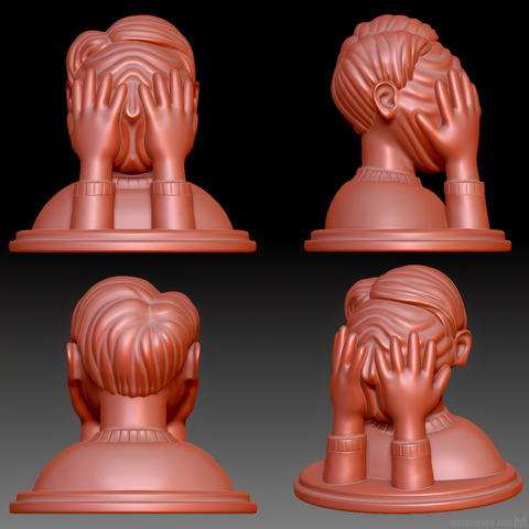 Bust sculpture of a man holding his hands on his face, pushing thick wrinkles across the skin.