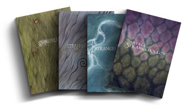 a mockup of four colourful books, a green one, Strangehollow, a grey one, secrets of strangehollow and a blue one, seas of strangehollow and a pink and green one, savage strangehollow!
