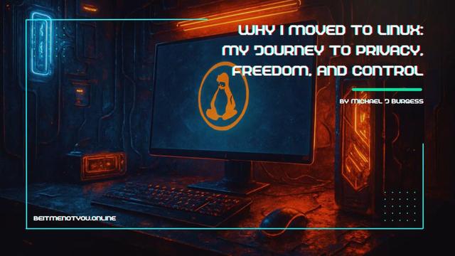 A cyberpunk-style desktop glowing with neon blue and orange light, symbolizing digital freedom and open-source technology, representing the journey from Windows to Linux.
