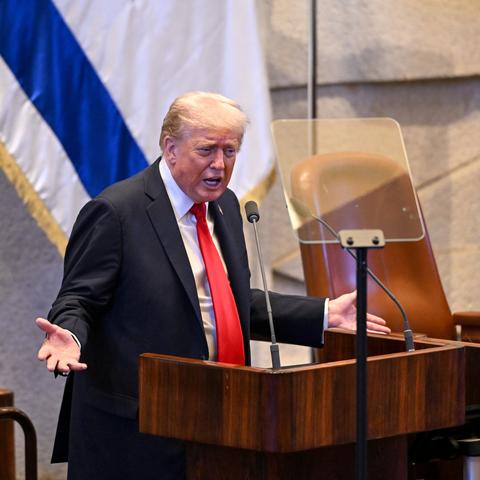 President Trump speaking in the Israeli parliament in Jerusalem on Monday.