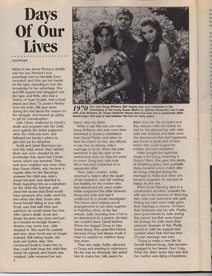 Magazine page featuring a black-and-white photo of Doug Williams (Bill Hayes) and Julie Olson (Susan Seaforth Hayes) standing outdoors in formal attire, with trees in the background. Julie wears a light dress and pearl earrings, while Doug wears a suit. Another woman stands beside them, possibly Addie Horton. The article recounts Doug’s arrival in Salem, his romance with Julie, and the love triangle involving Addie. Emotional tone is nostalgic and romantic, highlighting one of Days’ most iconic couples.