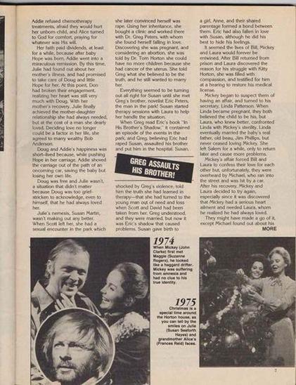 Upside-down magazine page with black-and-white photos and dramatic headlines from 1974 and 1975. One bold subheading reads “GREG ASSAULTS HIS BROTHER!” The layout includes columns of text and images of cast members in emotional scenes. The content covers intense family drama and pivotal storylines from the mid-70s. Emotional tone is sensational and dramatic, reflecting the soap’s shift into high-stakes storytelling.