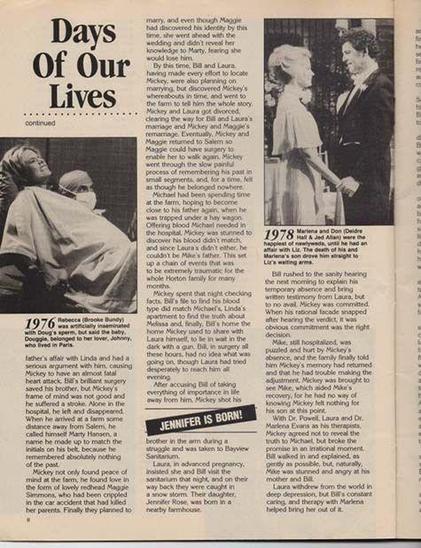 Magazine page from Inside Days of Our Lives (July 1994), featuring dramatic storylines from 1976 and 1978. The layout includes three black-and-white photos: one of Rebecca (Brooke Bundy) lying in a hospital bed with another woman seated beside her; one of Don and Marlena (Jed Allan and Deidre Hall) standing close together in an emotional moment; and one of a man and woman in conversation. The caption “Jennifer is born!” highlights the storyline of Rebecca’s death following childbirth. The text recounts Rebecca’s love triangle with David and Brooke, her affair with Bob, and her tragic brain tumor diagnosis. It also details Marlena’s kidnapping, her recovery with Don’s help, their marriage, and the grief following the death of their baby DJ. Emotional tone is deeply dramatic and tender, capturing the intensity of late-70s soap storytelling and the legacy of characters like Marlena Evans and Don Craig.