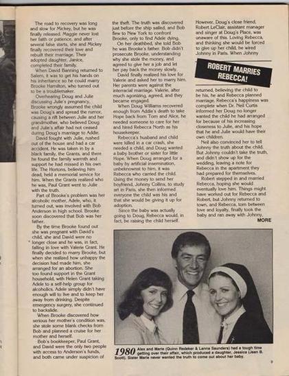 Sideways magazine page from Inside Days of Our Lives (July 1994), featuring a black-and-white photo of three smiling individuals: Jessica Blake (Jean Bruce Scott), Alex Marshall (Quinn Redeker), and Marie Horton (Lanna Saunders). Jessica stands on one side with soft curls and a gentle smile, Alex is in the center with a confident expression, and Marie stands on the other side, poised and elegant. The caption reads “ROBERT MARRIES REBECCA!” but the photo actually depicts characters from a different storyline. The article discusses events from 1980, including romantic entanglements and family drama. Emotional tone is nostalgic and layered, capturing the complexity of early ’80s Days storylines and the legacy of these characters.