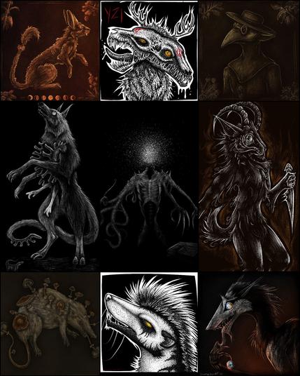 Collage of digital art:

1: Digital illustration of a "púca"; creature with a body of a rabbit/hare, long fangs, horns and a long fluffy tail.
In the corners are small illustrations of plants (nettle, hawthorn, primrose, bluebell) and at the bottom of the image are small illustrations of the moon.
Artfight attack for protoseal

2: Black and white stippled bust of a creature with two animal skulls for a head, yellow eyes, an antler on each head and a red symbol on their forehead.
Text reads: "YZL" (the creature's name)
ArtFight attack for Peppster

3: Digital sepia toned scratchboard style illustration of an anthro hairless cat wearing a  beaked mask, large brimmed hat and dark googles.
In each corner are small illustrations of various plants and mushrooms
Artfight attack for Mycotae

4: Dark stylized black and white illustration of a giant dog-like creature standing on two legs. Two hands reach out of its chest splitting in two. It’s facing a smaller four legged creature with an alligator-like head. 
DTIYS for @notidee.bky.social

5: Digital "scratchboard" style black and white illustration of a humanoid creature with a glowing head area, mutated arms and tentacles. They are stood behind a small table with a black envelope resting on top.
Front cover Commission for "Tales of the Void' horror anthology

6: Dark stylized digital illustration of a black and white anthro ibex holding a knife on an orange flame effect background.
ArtFight attack for MicahSeacole

7: A pale looking