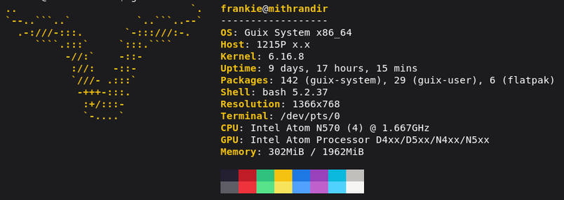 Neofetch runned on an old Atom based Asus EEEPc with Guix installed.