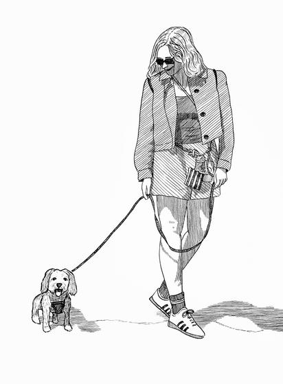 Some parallel lines in the shape of a dog and his owner.