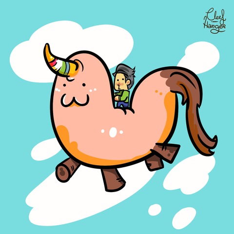 Unicornio con forma de longaniza y cuerno arcoiris con personica básica encima