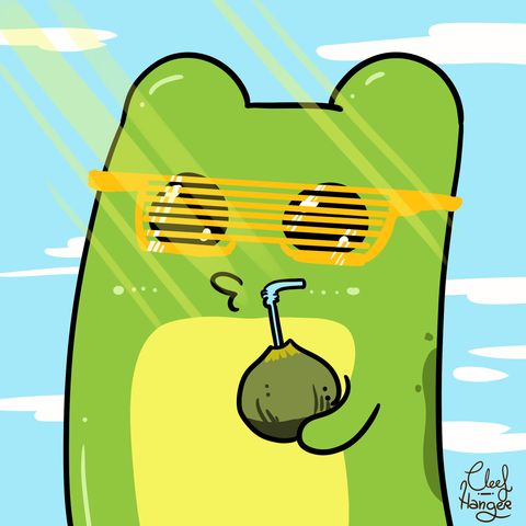 Froggelio con su look de verano: gafas amarillas estriadas noventeras y un coco con pajita.