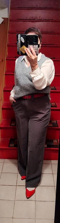 Old lady satin blouse, grey mohair sweater vest. Grey wide-leg pinstripe trousers. Red belt, shiny red slingbacks (yeah I'm wearing socks and I care not who knows it). Minimal gold jewelry.