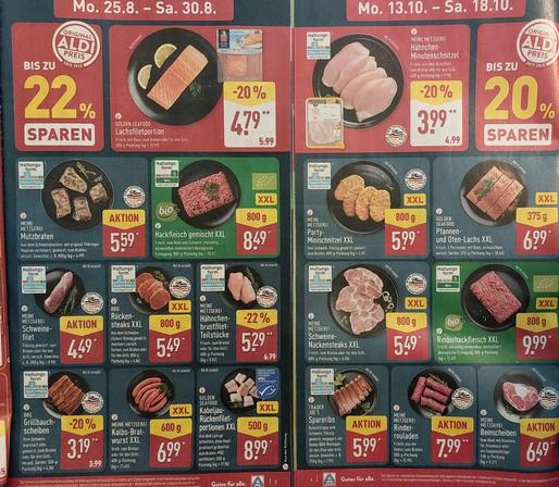 Excerpt from two Aldi brochures featuring meat product photos made with AI.
On the left a brochure for last week in August, on the right from mid October.
Some of the obviously AI-generated images of the August brochure don't have a text identifying them as such.

Prices for 800g organic minced meat went from 8,49 to 9,99 in just 6 weeks.