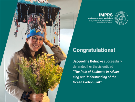 A graphic showing a photo of Jacqueline Behnke wearing a doctoral hat and holding a bouquet of flowers next to a text "Congratulations! Jacqueline Behnke successfully defended her thesis entitled "The Role of Sailboats in Advancing Our Understanding of the Ocean Carbon Sink" and a logo of the International Max Planck Research School on Earth System Modeling