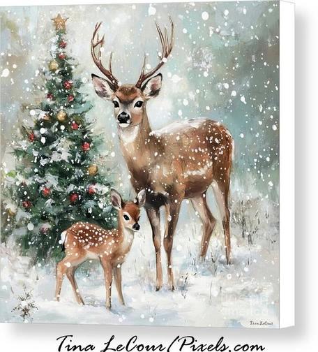 This is a canvas of a pretty little fawn with a Fallow buck guarding over him next to a Christmas tree during a winter snowfall.