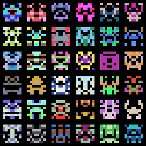 a 6x6 grid of multicolored 8x8 pixel aliens a la space invaders