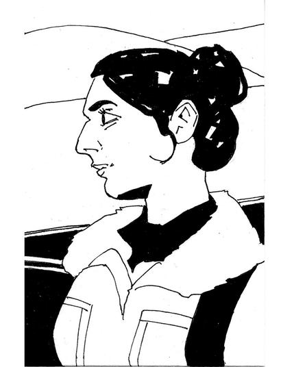 Dibujo a rotulador de Dina de The Last of Us, de perfil mirando hacia la izquierda. De fondo un campo dibujado con cuatro líneas.