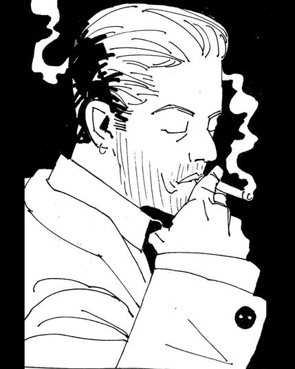 Dibujo a rotulador de John Constantine dando una calada a un cigarro que sujeta con el dedo índice y corazón.