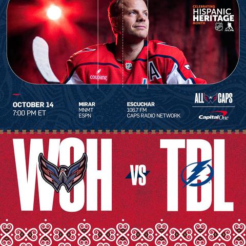 Gameday graphic for Caps vs Lightning preseason game. Game info is October 14 at 7 PM at Capital One Arena and can be watched on MNMT and ESPN and listened to on 106.7 FM and Caps Radio Network.