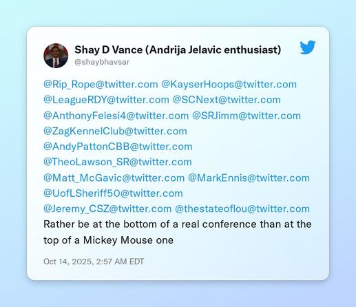 @Rip_Rope @KayserHoops @LeagueRDY @SCNext @AnthonyFelesi4 @SRJimm @ZagKennelClub @AndyPattonCBB @TheoLawson_SR @Matt_McGavic @MarkEnnis @UofLSheriff50 @Jeremy_CSZ @thestateoflou Rather be at the bottom of a real conference than at the top of a Mickey Mouse one