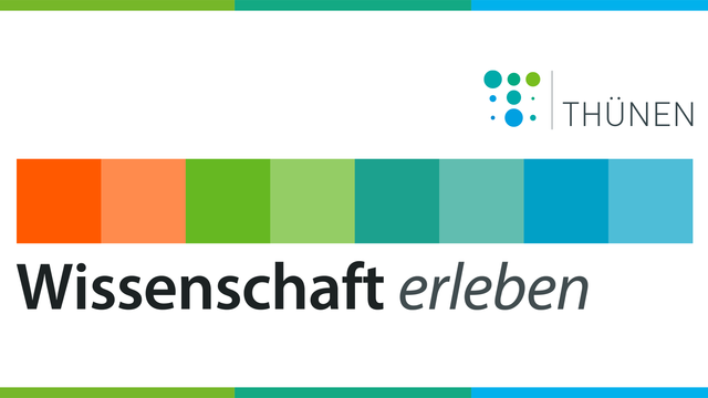 Grafik mit farbigen Quadraten neben dem Logo und Schriftzug 'THÜNEN', darunter der Text 'Wissenschaft erleben' in schwarzer und kursiver Schrift.