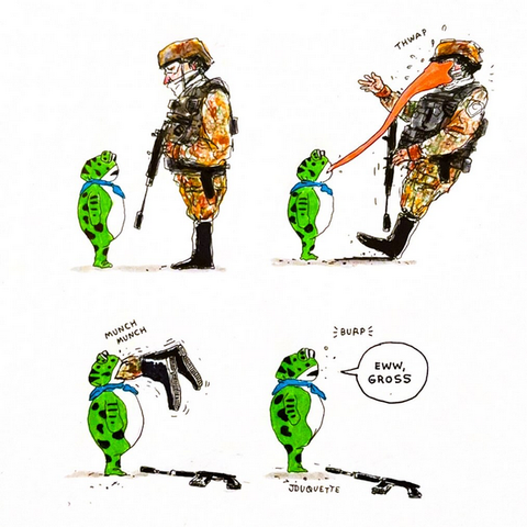 Cartoon showing an ICE agent with a face covering standing in front of the Portland frog holding an assault rifle. The frog hits the agent with its tongue and swallows it whole, then burps and says "Eww, gross." The gun is then lying on the ground.